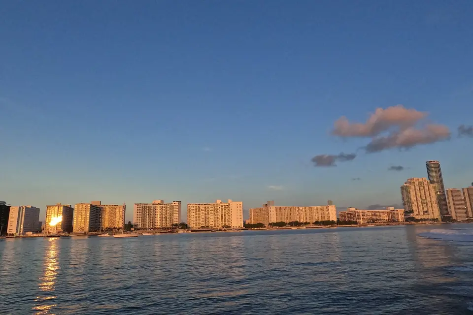 Miami Beach shoreline at sunset seen from the water
